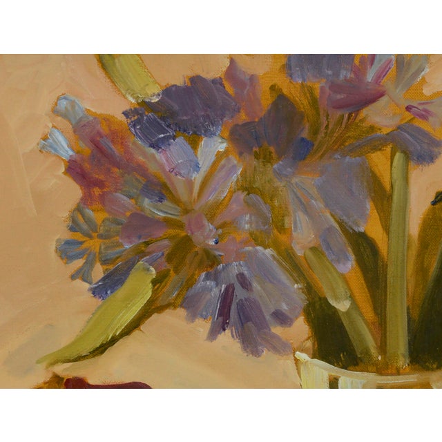 Pear & Cut Flowers in a Glass, Botanical Still Life in Magentas by Josephine Guerra For Sale In Monterey, CA - Image 6 of 11