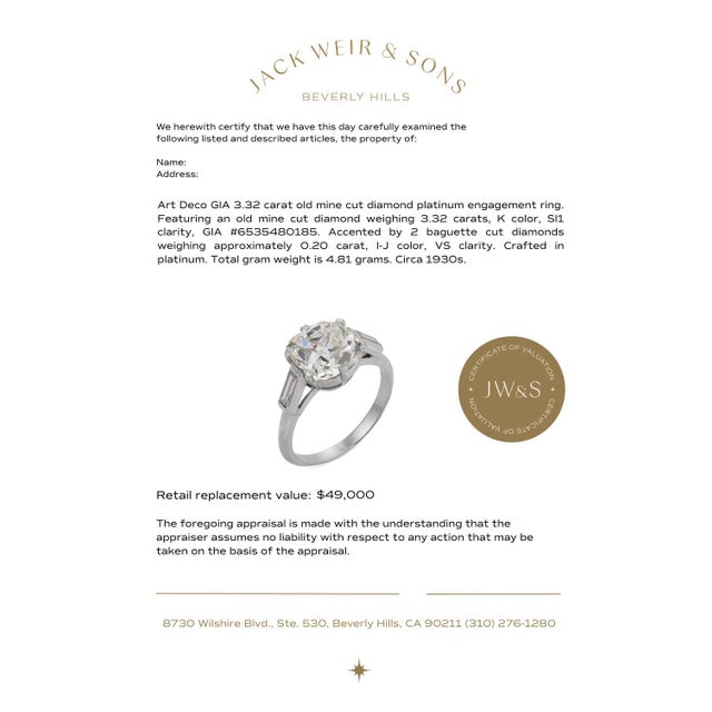 Platinum 1930s Art Deco Gia 3.32 Carat Old Mine Cut Diamond Platinum Engagement, Size 5.75 For Sale - Image 8 of 8