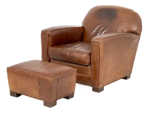 Art Deco Brown Leather Club Chair and Ottoman