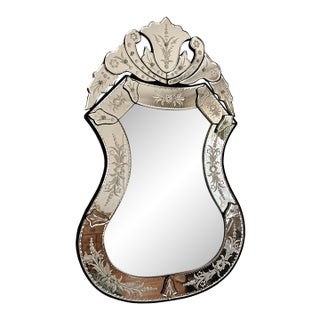 Antique Venetian Style Etched Floral Mirror With Ornate Scrolled Crest For Sale