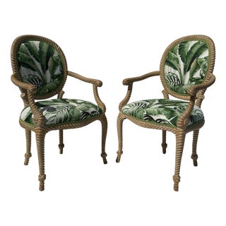 1980s Pair of Faux Bois Tropical Regency Rope and Tassel Arm Chairs For Sale
