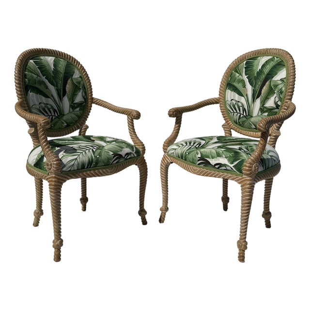 1980s Pair of Faux Bois Tropical Regency Rope and Tassel Arm Chairs For Sale