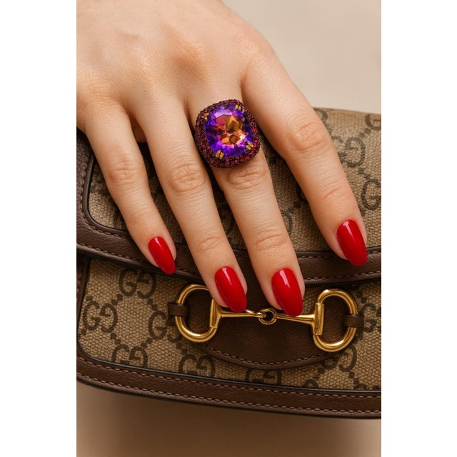 Purple Bochic “Orient” Vintage Natural Ruby & Amethyst Ring Set In 18 K Gold & Silver For Sale - Image 8 of 12