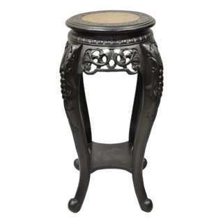 Early 20th Century Japanese Carved Wood Black Ebonized 29" Plant Stand Side Table Lacquer Top For Sale
