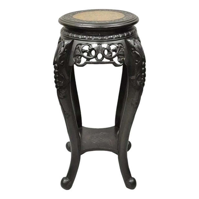 Early 20th Century Japanese Carved Wood Black Ebonized 29" Plant Stand Side Table Lacquer Top For Sale