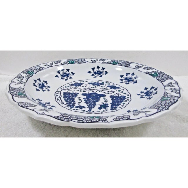 Ceramic Mma Iznik Turkey Large Decorative Bowl With Grapes Design Blue, Green and White For Sale - Image 7 of 9