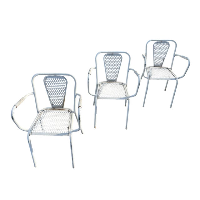 Industrial Metal Bistro Armchairs by Rene Malaval, France, 1950, Set of 3 For Sale - Image 11 of 11
