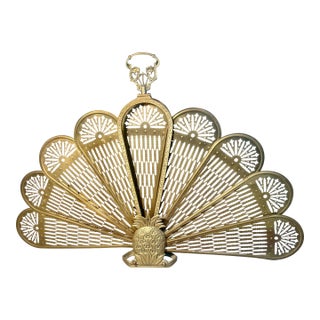 Fireplace Screen Brass Peacock Feathers Pineapples Both Sides Hollywood Regency 1950s For Sale