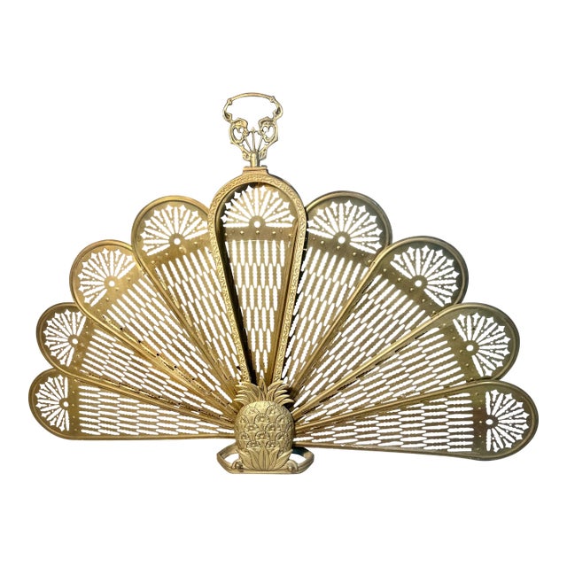 Fireplace Screen Brass Peacock Feathers Pineapples Both Sides Hollywood Regency 1950s For Sale