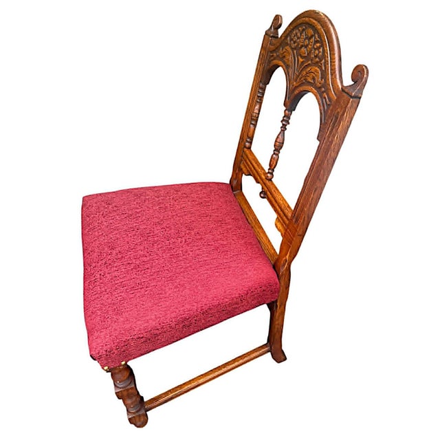 Elegant Antique Spanish Revival Carved Oak Dining Chairs With New Burgundy Seat Upholstery - Set of 4 - Circa 1920s For Sale - Image 4 of 4