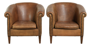 Large Vintage Sheepskin Club Armchairs, Set of 2