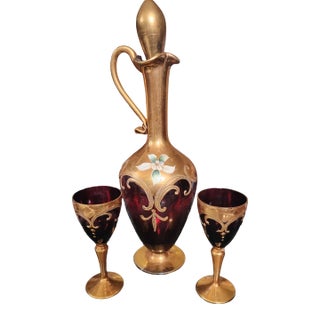 Murano Ruby Glass Decanter and Glasses Antique For Sale