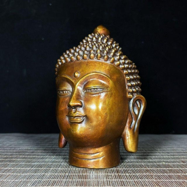 Metal Solid Brass Shakyamuni Buddha Head Statue, Buddhist Religious Decor For Sale - Image 7 of 9