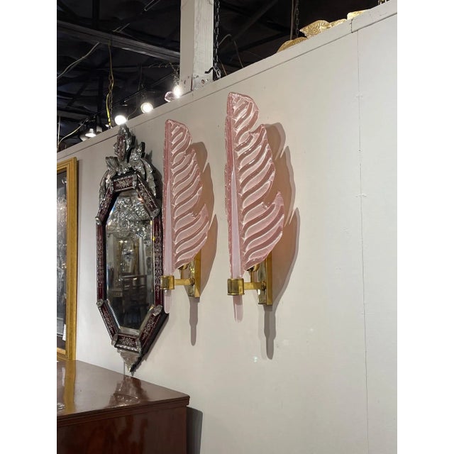 Metal Pink Murano Glass & Brass Leaf Form Wall Sconces - A Pair For Sale - Image 7 of 8
