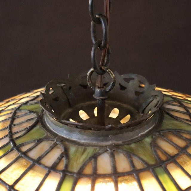 1910s Duffner & Kimberly Attr Arts & Crafts Leaded Stained Glass Hanging Light For Sale - Image 10 of 11