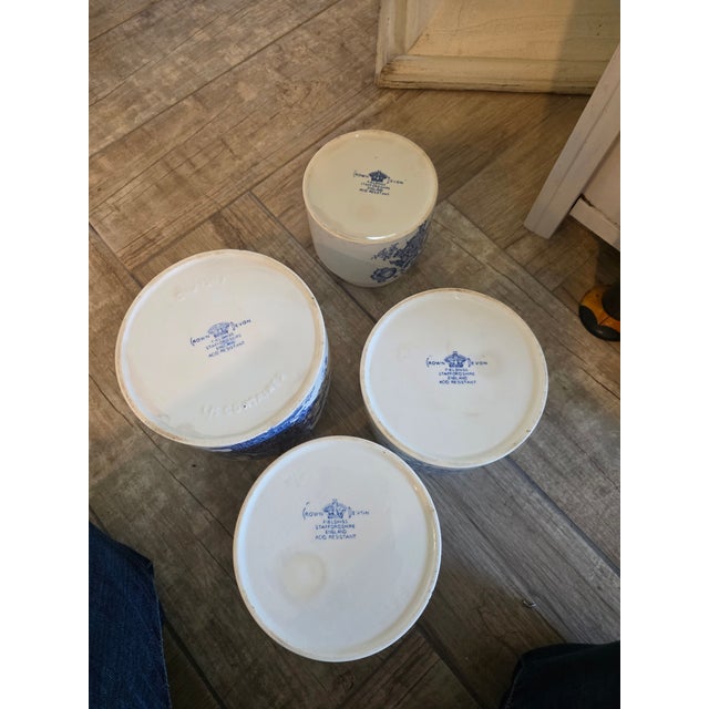 Four Vintage English Blue and White Storage Canisters For Sale - Image 10 of 17