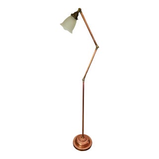 Rare Vintage Copper Floor Lamp With Brass Fittings and Glass Shade For Sale