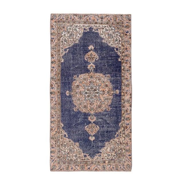 Vintage Wool Blue Turkish Oushak Rug 42.9'' x 82.6'' / 109 x 210 cm Hand woven with high quality pure wool Excellent...