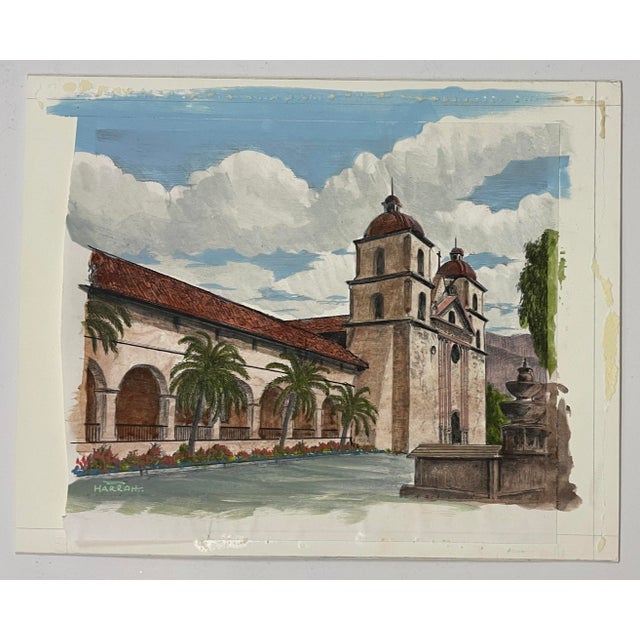 Hand colored lithograph by California artist Donald Harrah of Old Mission Santa Barbara. Water color over lithograph...
