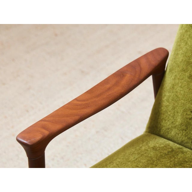 Olive Mid 20th Century Styled After Solid Teak Westnofa Norway Olive Green Mohair Lounge Chair For Sale - Image 8 of 9