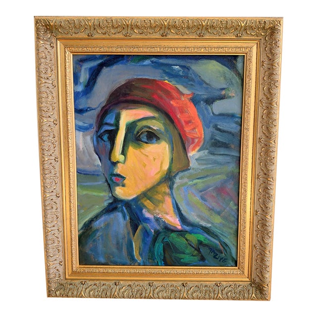 Signed Tazive 1990 Fauvist Expressionist Portrait of a Woman in a “Red Beret” Oil Painting in Gilt Frame For Sale