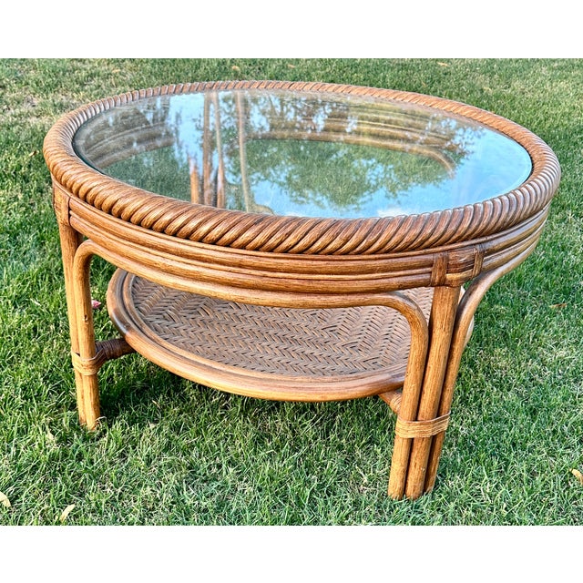 Boho Chic 1970s Boho Chic Rattan Round Table Set For Sale - Image 3 of 9