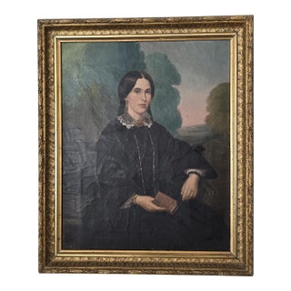 Mid-19th Century American Portrait of a Seated Woman Holding a Book For Sale