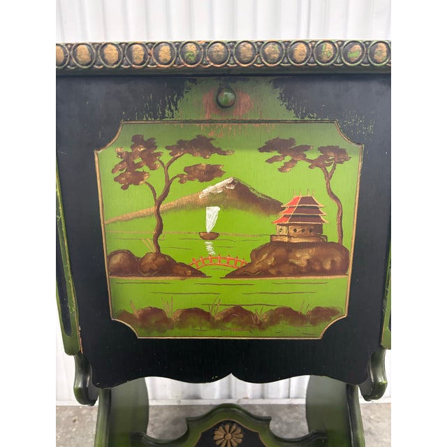 Offered is a hand painted chinoiserie scene humidor side table with copper insert. Rare piece with beautiful vintage wear...
