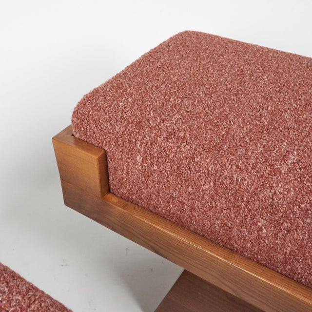 Wood Bench with Pyramid Legs and Brick Bouclé Fabric from Artigianato Italiano, 2000s, Set of 2 For Sale - Image 7 of 9