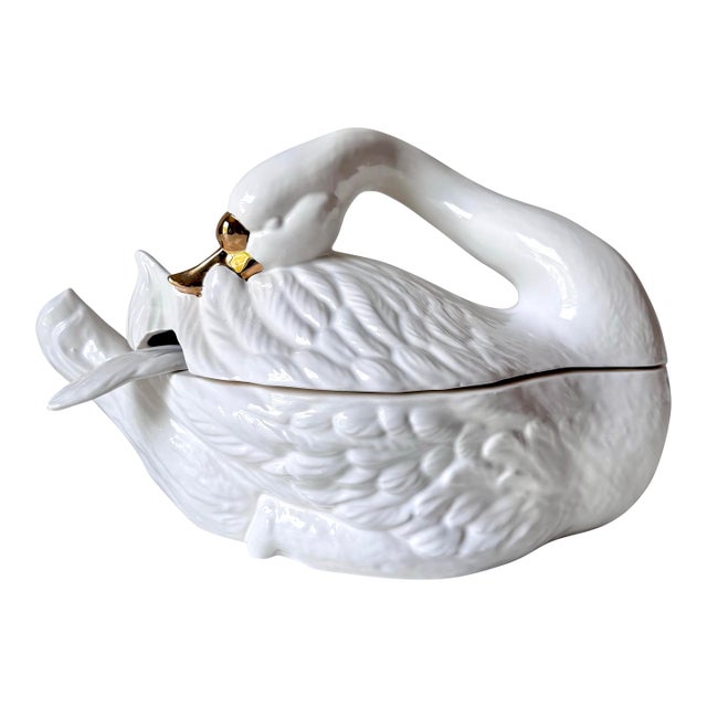 1980s Ceramic Swan Soup Tureen With Laddle For Sale