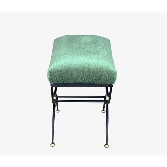 1980s Hand-Forged Sculptural Wrought Iron Accent Benches in Dark Green Mohair- A Pair For Sale - Image 11 of 13