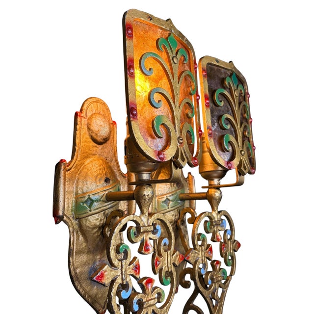1920s 1920s Spanish Revival Wall Sconces With Mica Shields and Original Polychrome Finish - Set of 8 For Sale - Image 5 of 8
