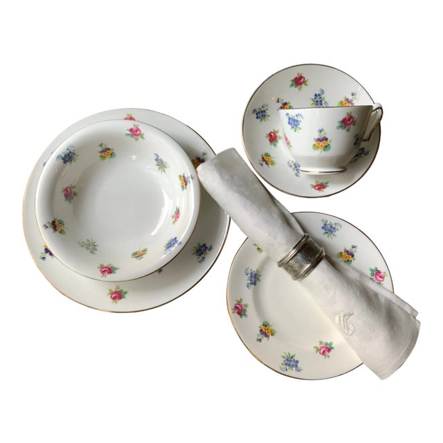 1930s English Staffordshire Hand-Painted Floral Breakfast China Set For Sale