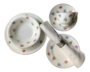 1930s English Staffordshire Hand-Painted Floral Breakfast China Set
