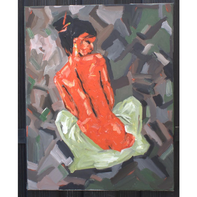 This work is a painterly study of the female nude, built upon the contrast between an intense red figure and a subdued...