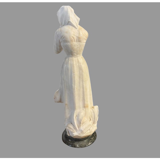 Early 20th Century Antique Carved Alabaster Maiden Woman Sculpture Signed 24” Figure Marble Base For Sale - Image 5 of 10