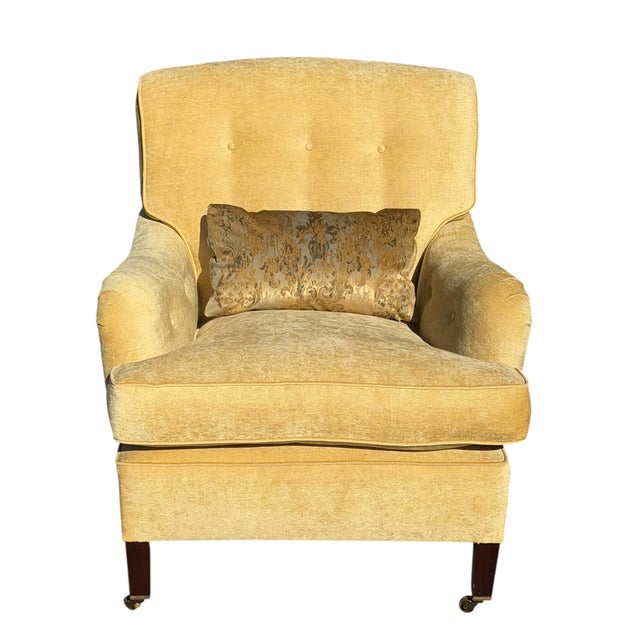 George Smith Beige Velvet Upholstered Roll Arm Club Chair W Rubelli Back & Pillow. It bares bronze plaque reading George...