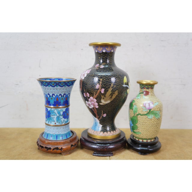 6 Chinese Brass Cloisonne Enameled Floral Vases Brush Bowls Ashtray Dishes For Sale - Image 9 of 17