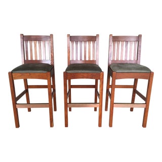 Stickley Slat Back Mission Style Solid Cherry Bar Stools - Set of 3 For Sale