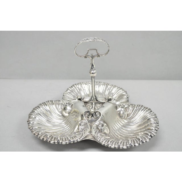 Antique English Victorian Silver Plated Triple Clam Shell Nautical Candy Dish For Sale - Image 12 of 16