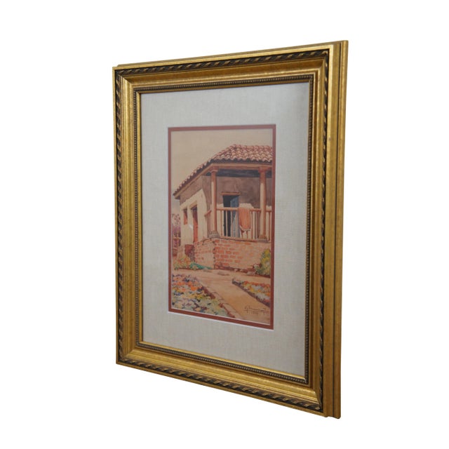 Rustic Mid Century Southwestern Impressionist Watercolor Panting Stucco Cottage Framed For Sale - Image 3 of 11