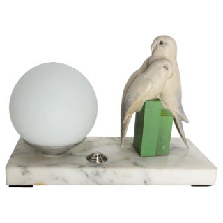 French Art Deco Marble Table Lamp with Parakeets, 1930s For Sale