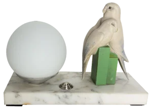 French Art Deco Marble Table Lamp with Parakeets, 1930s