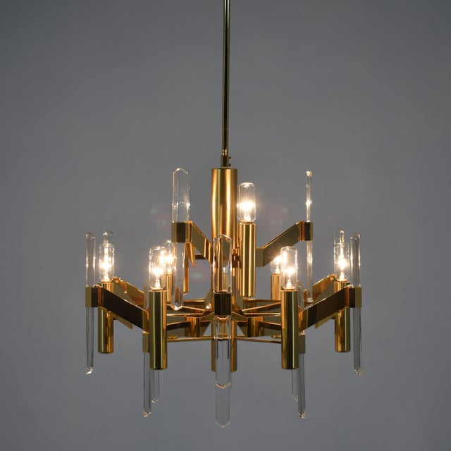 Mid-Century Modern Gaetano Sciolari Modernist Brass Chandelier with Crystal Blades For Sale - Image 3 of 10