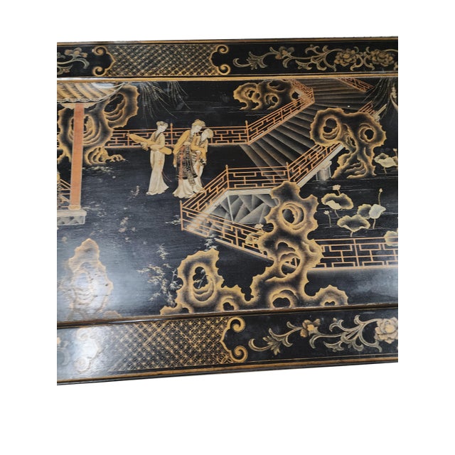 Late 20th Century Late 20th Century Oriental Black Lacquer Coffee Table (Hand-Painted Chinoiserie / Oriental Scene) For Sale - Image 5 of 9