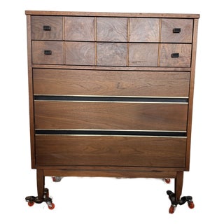 Vintage Mid Century Modern Walnut Burl Highboy 5-Drawer Dresser For Sale