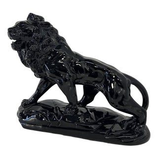 Italian Artist, Art Deco Lion, 1930s, Black Polished Fired Clay For Sale
