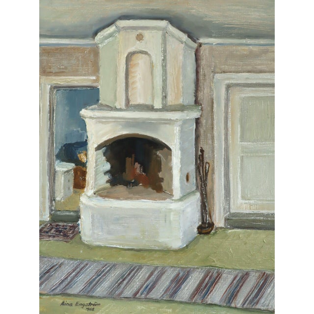 1968 Mid-Century Modern 'The Fireplace' Vintage Swedish Expressive Interior Oil Painting, Framed For Sale - Image 11 of 13