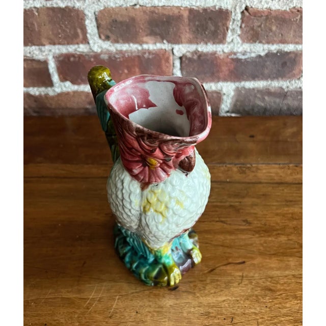 Rustic European Vintage Majolica Cockatoo Pitcher For Sale - Image 3 of 6