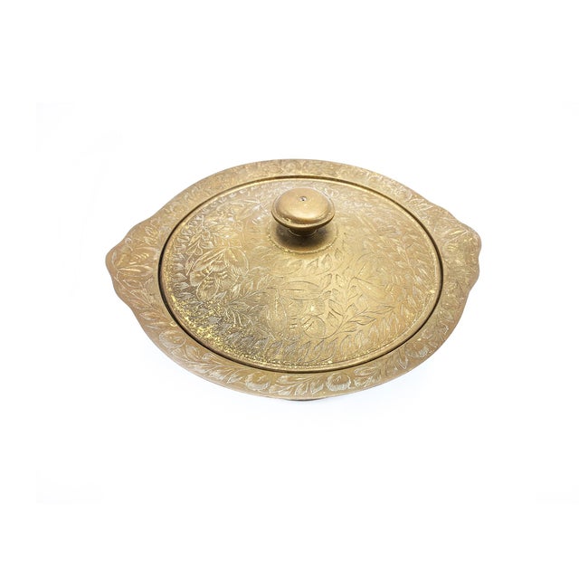 Vintage Mid Century Hand Etched Brass Lidded Bowl, Made in India Chairish